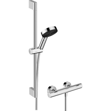 Душевой набор hansgrohe Pulsify Select S 105 3jet Relaxation EcoSmart с термостатом Ecostat Fine и душевой штангой 65 см, 24262000, хром